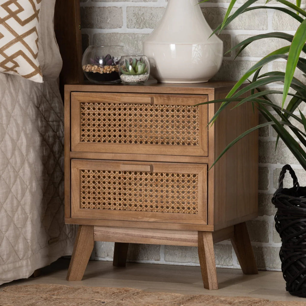Baxton Studio Walnut Brown Finished Wood 2-Drawer Nightstand With Rattan - Baden