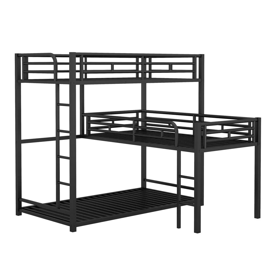 L-Shaped Metal Triple Twin Bunk Bed For 3, Black