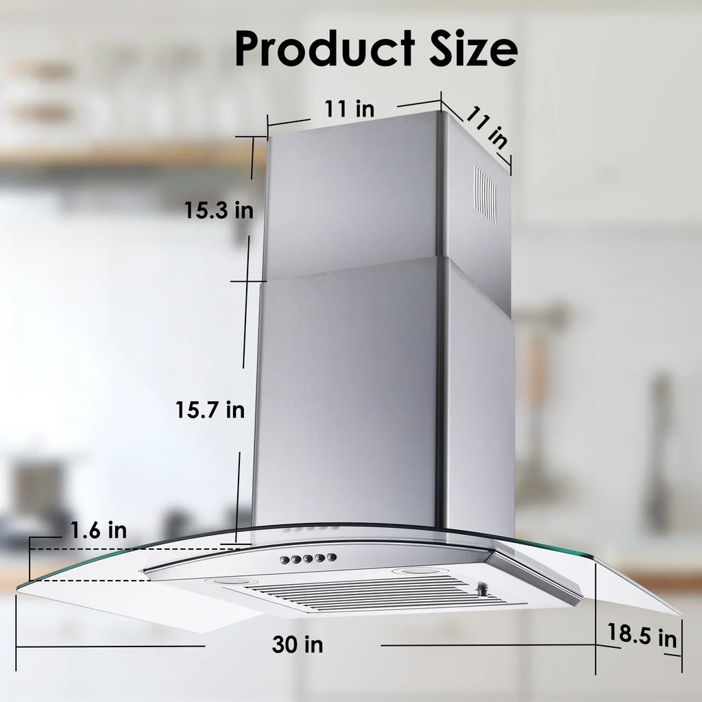 Wall Mount Range Hood 30 inch Convertible Tempered Glass 3-Speed 450 CFM - 3375B