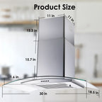 Wall Mount Range Hood 30 inch Convertible Tempered Glass 3-Speed 450 CFM - 3375B