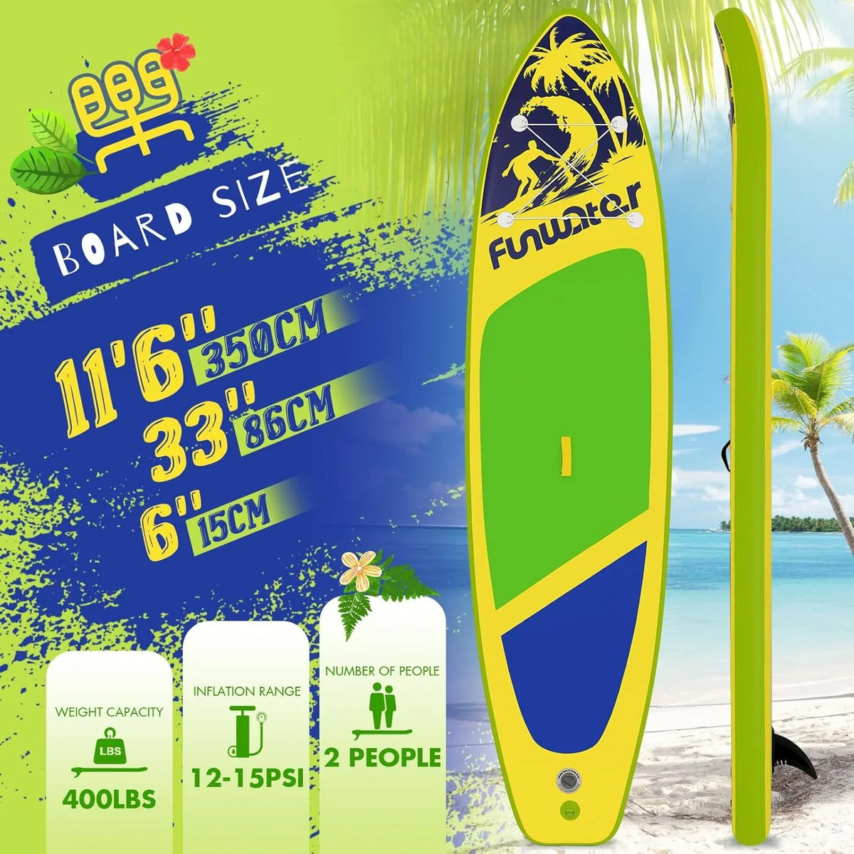 FunWater Inflatable Stand Up Paddle Board, 11 ft x 32 in x 6 in - SUP Paddle Accessories