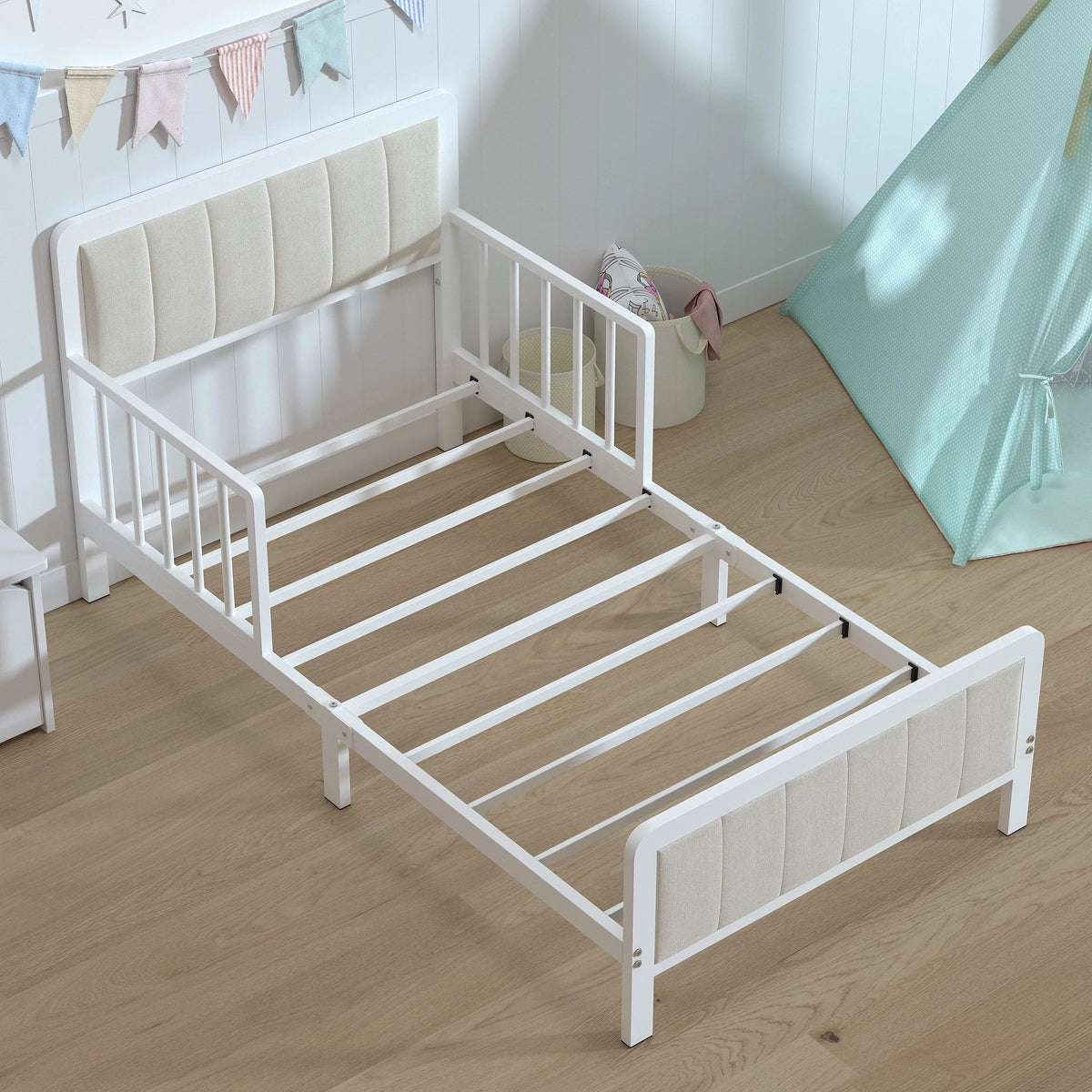 Yoneston Toddler Metal Platform Bed Frame With Guardrails And Upholstered Headboard - White