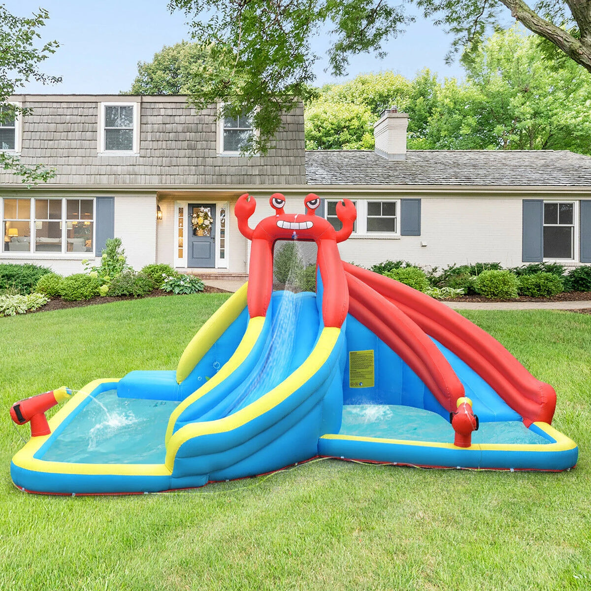 Costway Inflatable Crab Dual Slide Water Park Bounce House With Splash Pools, 197 x 157.5 x 98.5 in, 950W Blower