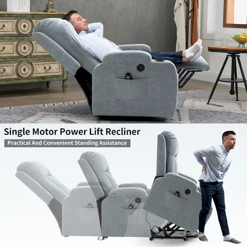 Lazy Boy Power Lift Recliner Chair With Massage, Lumbar Heating, USB Port And Cup Holders - Single Motor