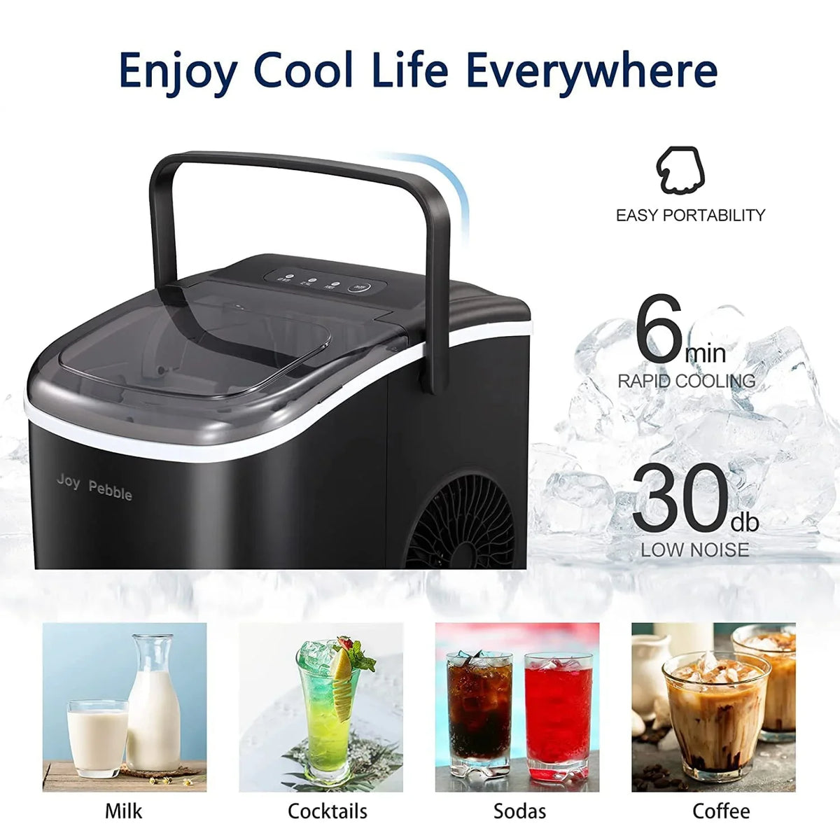 Joy Pebble Countertop Bullet Ice Maker With Handle, 9 Ice Cubes in 6 Mins, 26Lbs/24H