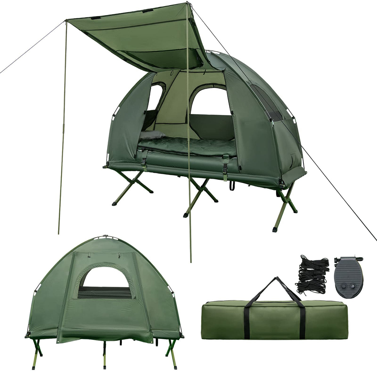 5-in-1 Folding Camping Cot Tent With Air Mattress, Pillow And Sleeping Bag - Green & Blue, 77in x 35in x 66in