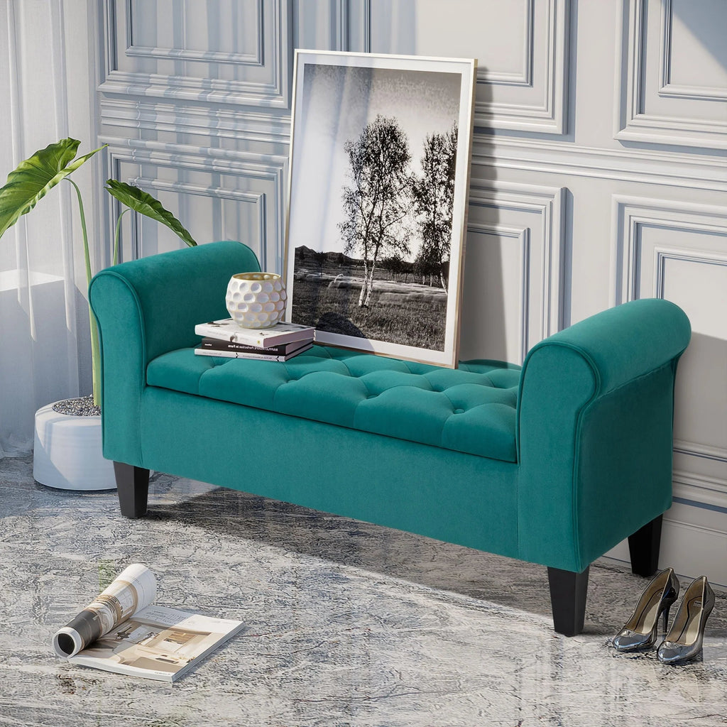 Button-Tufted Storage Ottoman Bench, Polyester and Rubberwood, 53.25in W x 17.75in D x 25.5in H