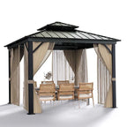 10x10 Hardtop Gazebo With Double Metal Roof, Aluminum Frame, Net And Curtain - Khaki