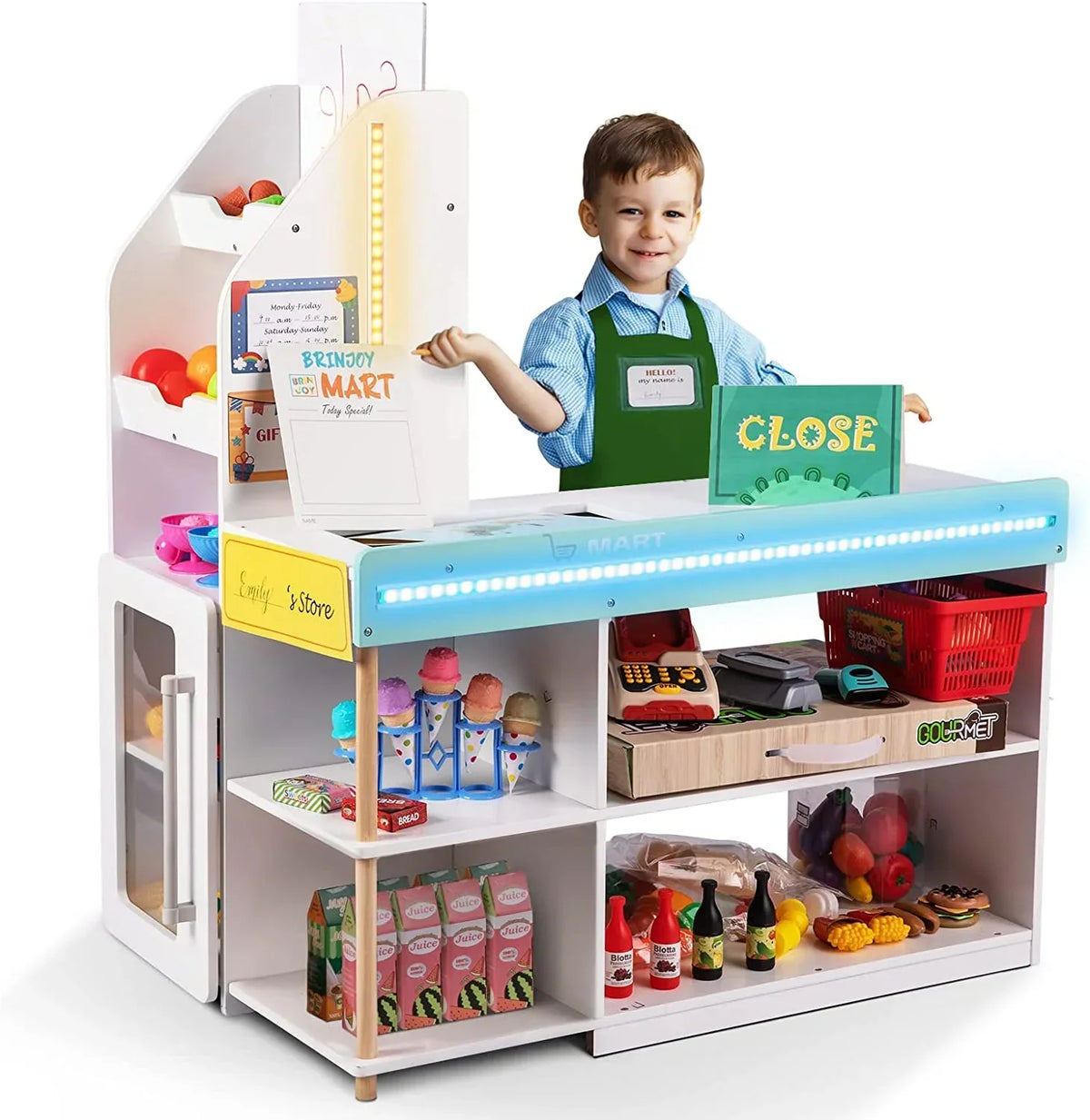 BRINJOY Kids Grocery Store Pretend Play Set With LED Lights And Acrylic Sheet, 35.6 x 24.4 x 43.3 in