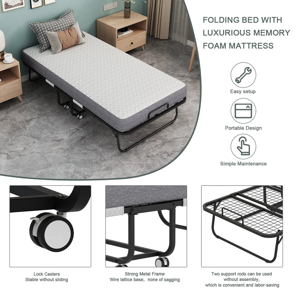 Folding Rollaway Guest Bed With 75in x 31in Cot Mattress And 5in Memory Foam