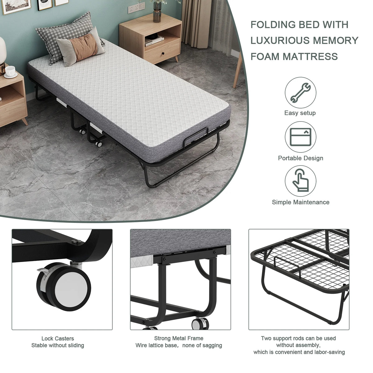 Folding Rollaway Guest Bed With 75in x 31in Cot Mattress And 5in Memory Foam