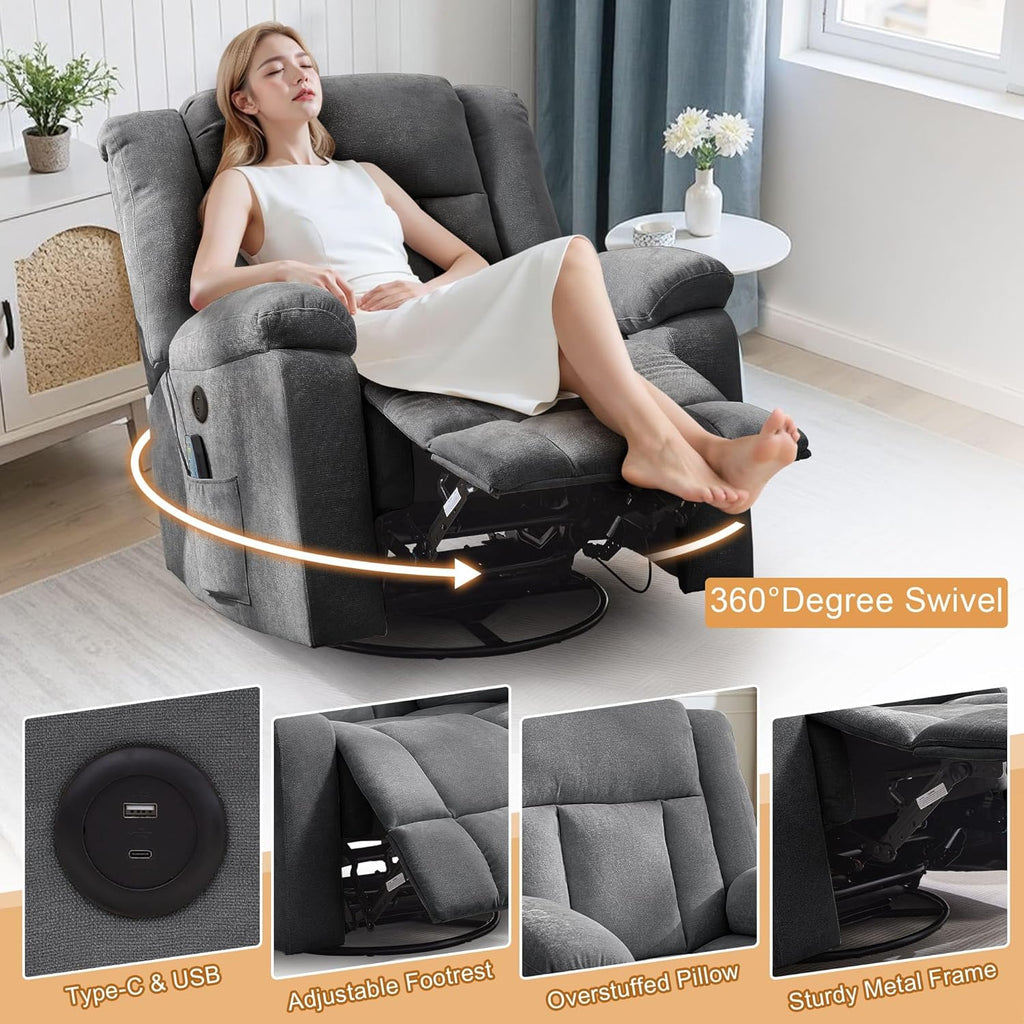 Korser Swivel Rocker Recliner Chair With Massage, Heating, USB Charging And Storage