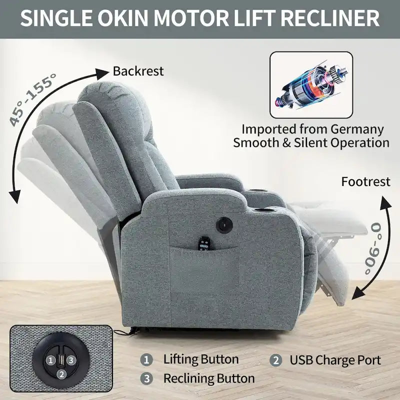 Lazy Boy Power Lift Recliner Chair With Massage, Lumbar Heating, USB Port And Cup Holders - Single Motor