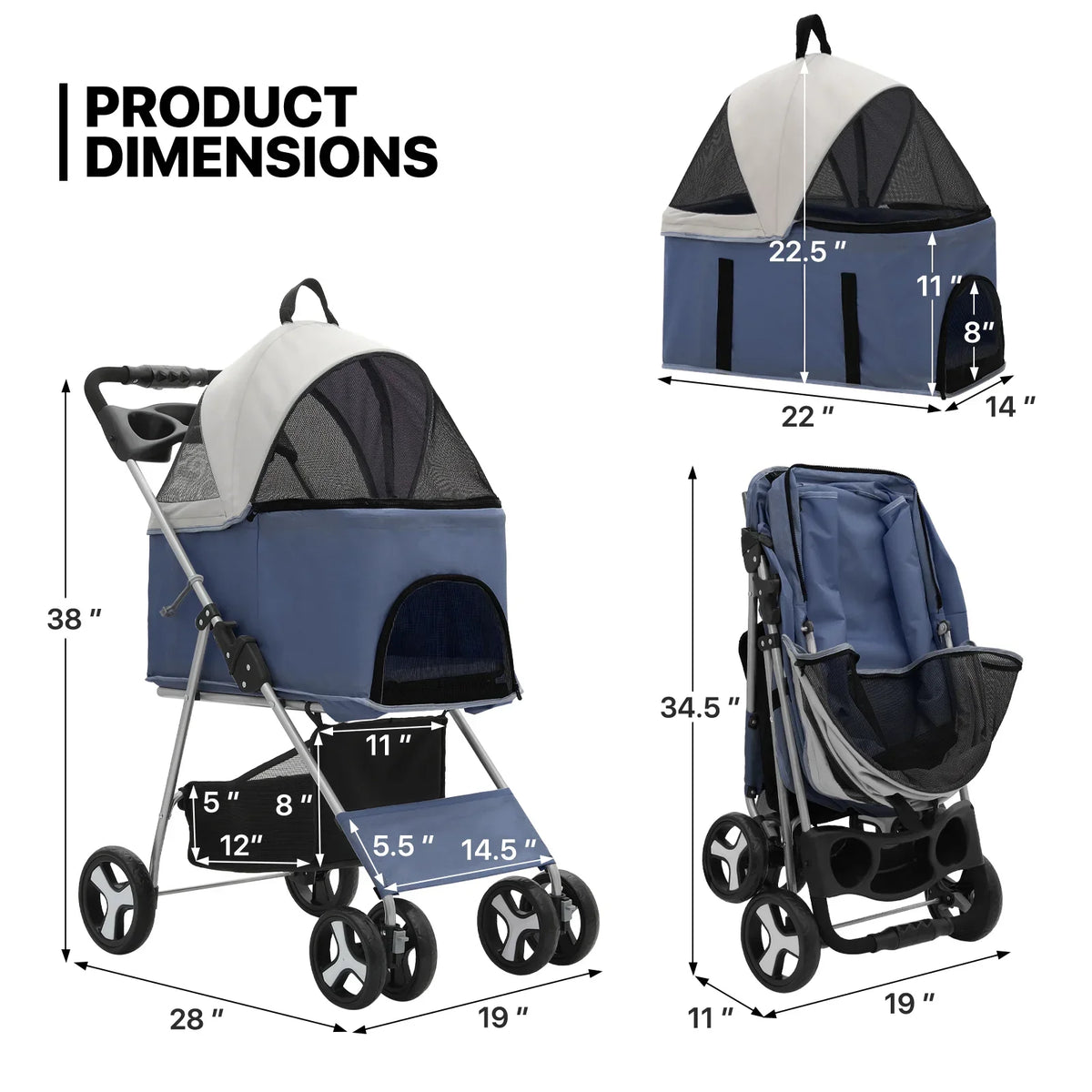 MoNiBloom 4-Wheel Foldable Pet Stroller, 33 lbs, Navy Blue