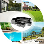 7-Piece Rattan Patio Dining Set With 3 Corner Chairs, 3 Ottomans And Table