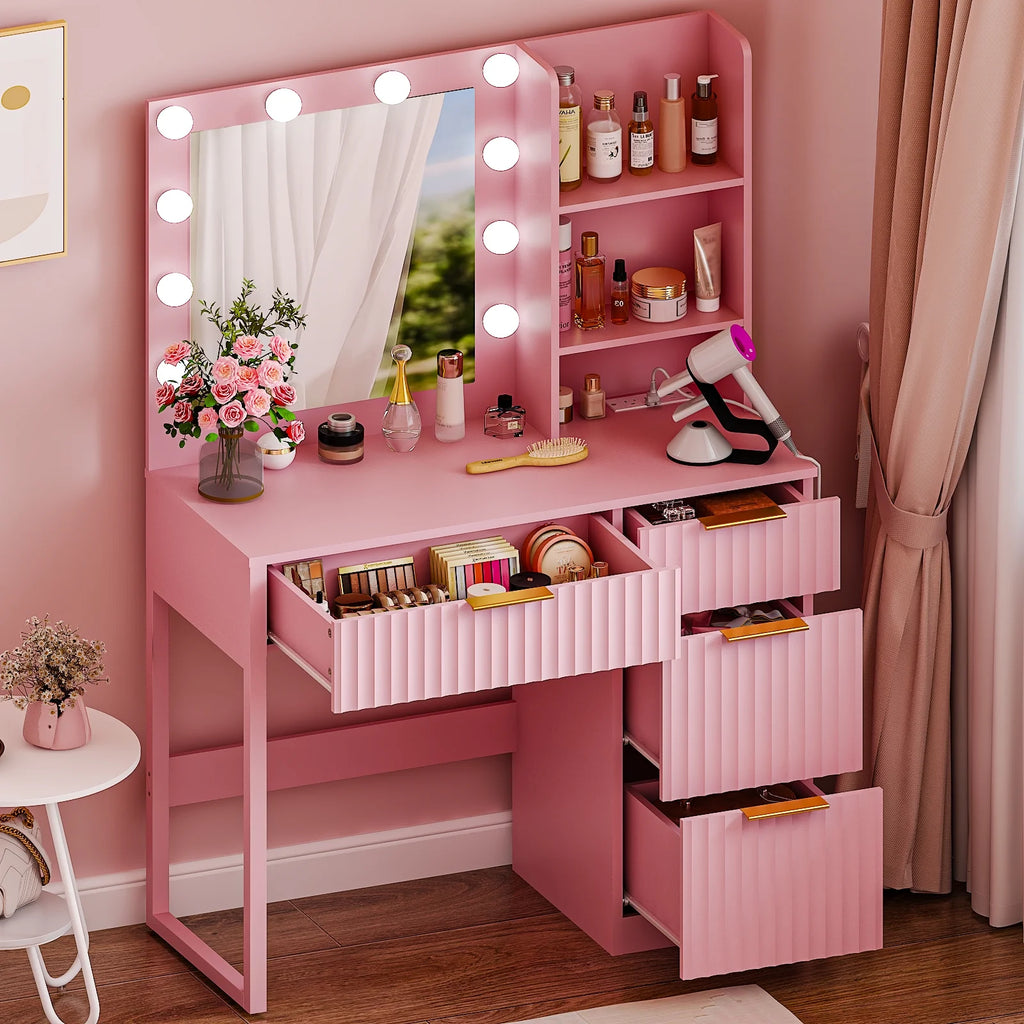 Ktaxon Vanity Makeup Table With Stool, 3-Color Lighted Mirror, 3 Shelves, Drawers, White - 35.43 x 15.55 x 29.53-53.27 in