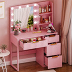 Ktaxon Vanity Makeup Table With Stool, 3-Color Lighted Mirror, 3 Shelves, Drawers, White - 35.43 x 15.55 x 29.53-53.27 in