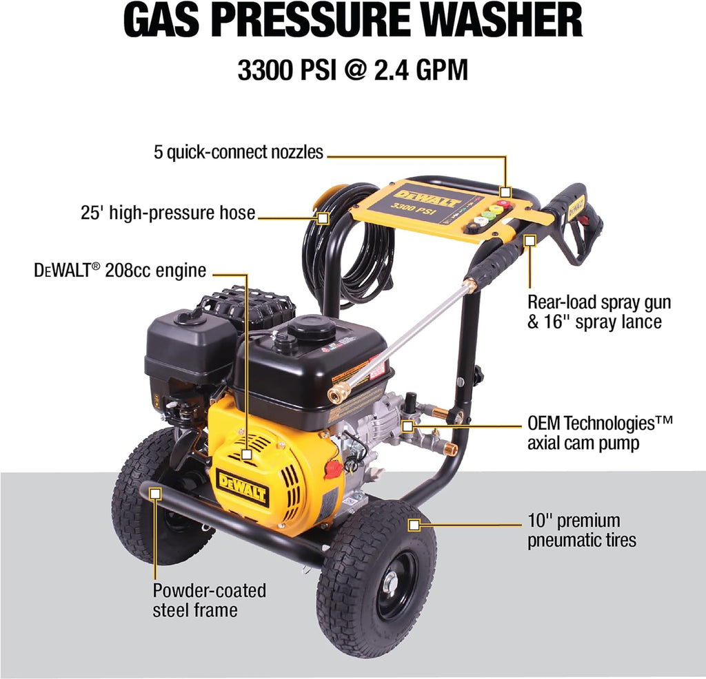 DeWalt Gas Pressure Washer 3300 PSI 2.4 GPM With 25-ft Hose And 5 Nozzles - DXPW3300-S