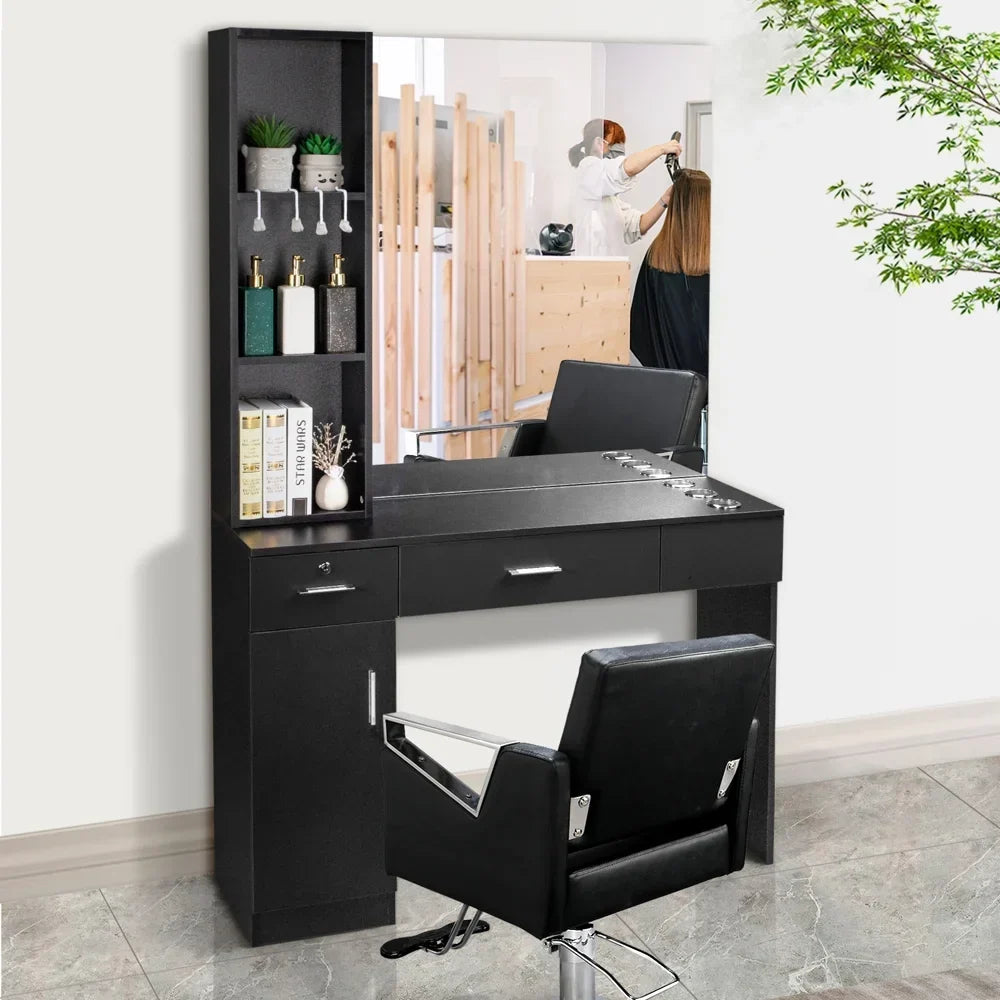 OmySalon Wall-Mount Barber Station With Mirror, 2 Drawers, 1 Storage Cabinet And 3 Open Shelves