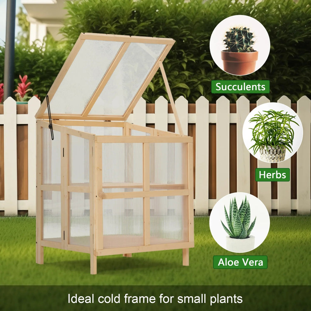 Youmumeub Wooden Cold Frame Greenhouse With 2-Tier Raised Garden Planter And Polycarbonate Panels - Foldable, Natural Wood