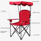 Outdoor Canopy Folding Beach Chair With 2 Cup Holders, 600D PVC Fabric - 38in x 26.5in x 51in