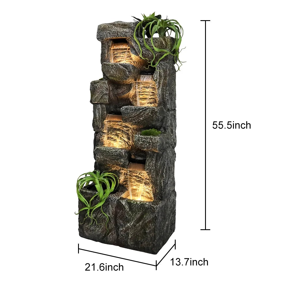 Outdoor Garden Water Fountain, 4 Tiers, 55.5 in High, Glass Fiber Reinforced Concrete