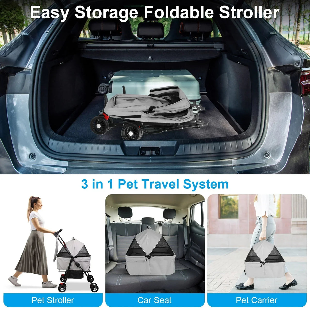 iMounTEK 4-Wheel Foldable Pet Stroller With Removable Liner And Storage Basket - Gray