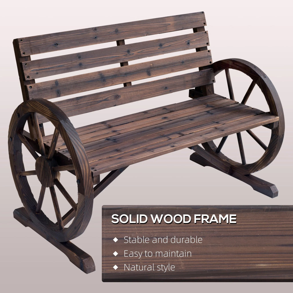 Outsunny Wooden Wagon Wheel Bench, 2-Person, Fir Wood, Carbonized, 41.5in L x 23.25in W x 29.5in H - 84B-183