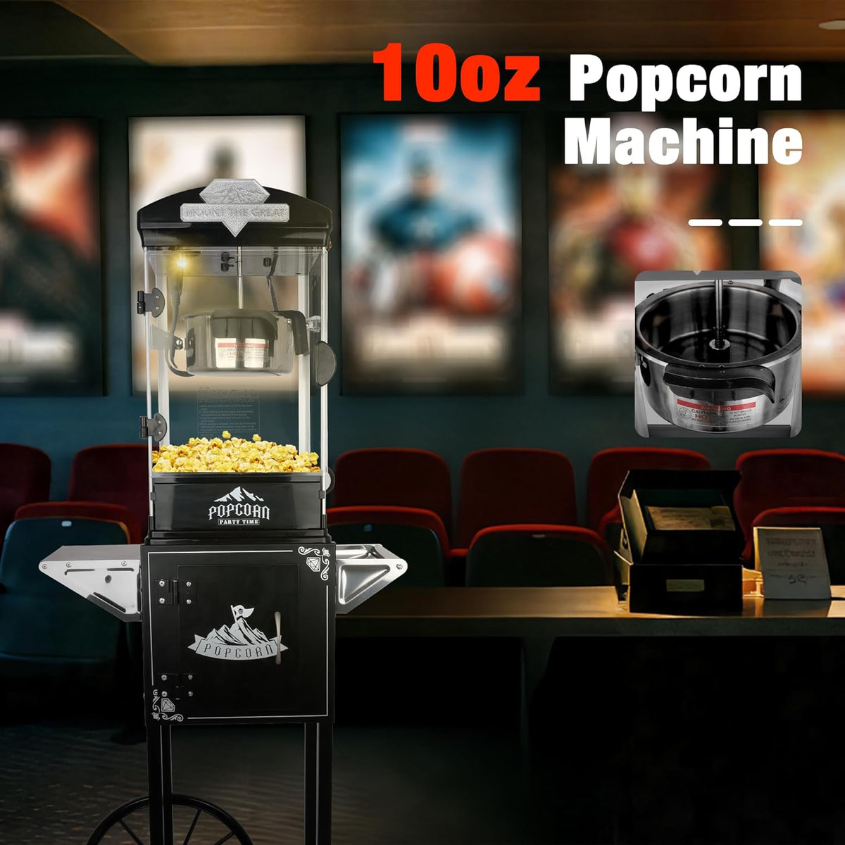 RENDGO Popcorn Maker Machine With Cart, 10 Oz Kettle, 60 Cups, Black