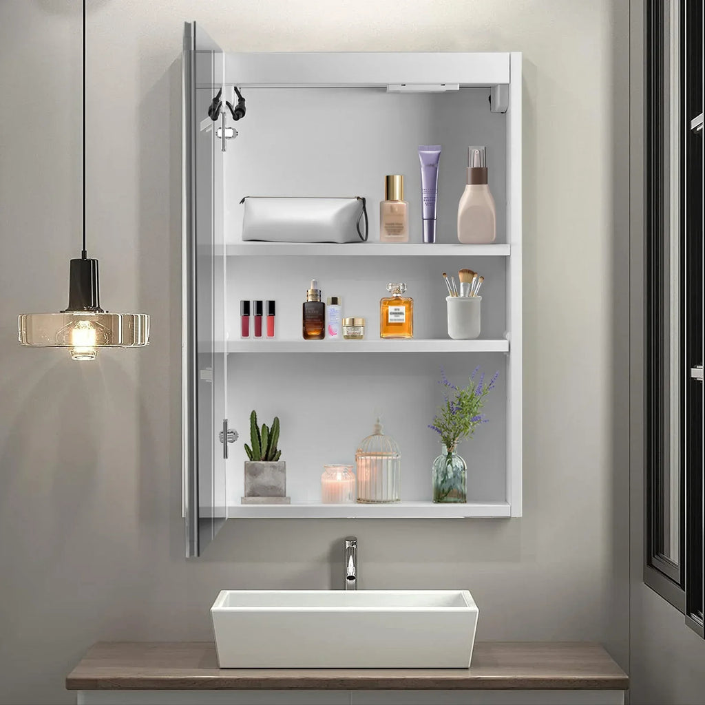 LED Bathroom Wall Cabinet With Single Door Mirror, White, 28*20in