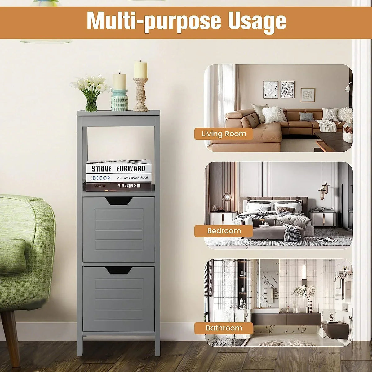 Freestanding Wooden Bathroom Storage Cabinet With 2 Adjustable Drawers - Gray