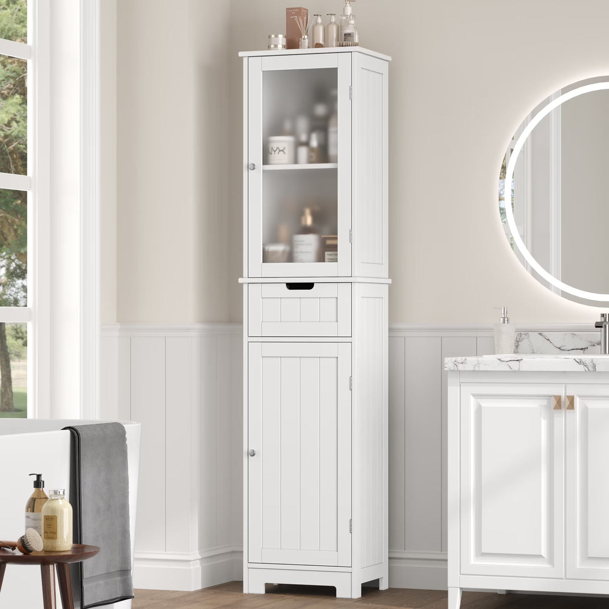 Homfa Tall Narrow Bathroom Storage Cabinet With Door And Drawer, 15.7in L x 11.8in W x 67in H, White