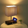 Touch Control Table Lamp With 2 USB Ports, 1 AC Outlet, 2 Phone Stands, Black Wooden Base And Grey Shade