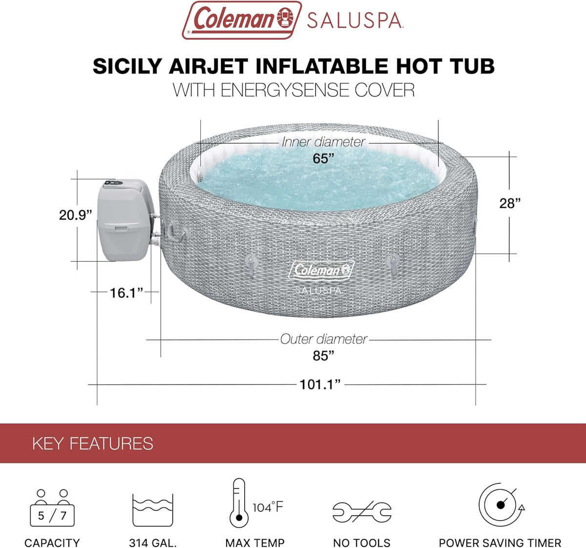 Coleman Inflatable Hot Tub For 5 To 7 People With 180 AirJets, 85 x 85 x 28 Inches, Grey - Sicily AirJet