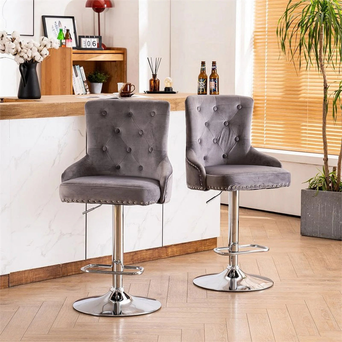 Alexent 2-Piece Swivel Bar Stools, Dark Blue, 43.7-51.6 H, 19.3 W x 18.1 D - Silver Footrest