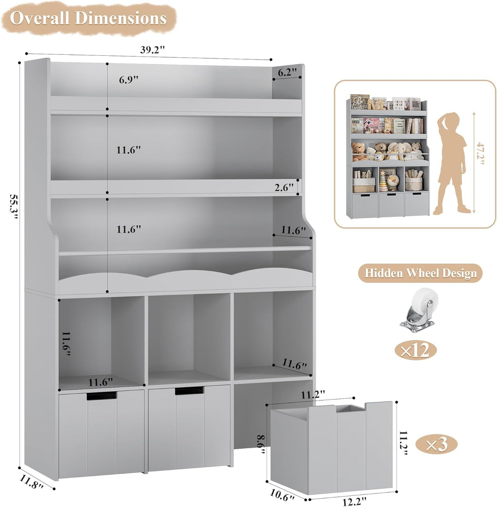 HITHOS Kids Bookshelf With Toy Storage Organizer, 55.3in H x 39.2in W, 3 Movable Storage Bins