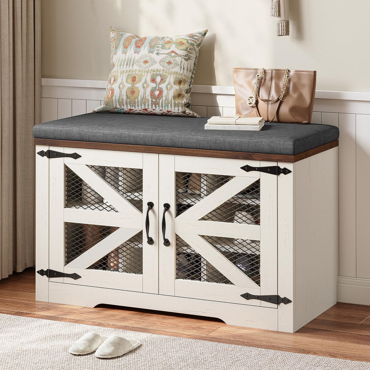 Farmhouse Shoe Storage Bench With Cushion, 31.4in, Metal Barn Door, Old White