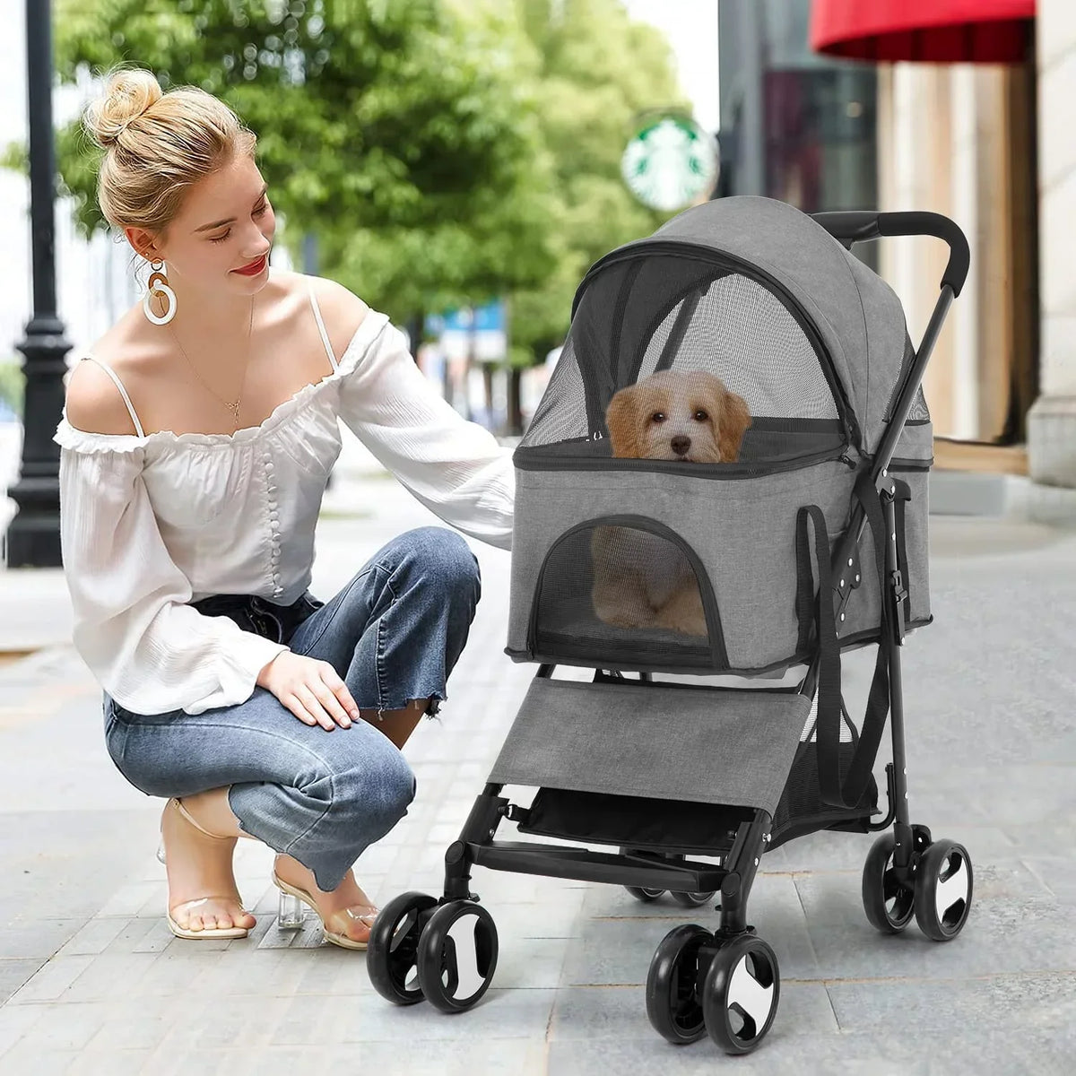 Dkeli 3-in-1 Folding Pet Stroller With Detachable Carrier And Car Seat, 44 Lbs