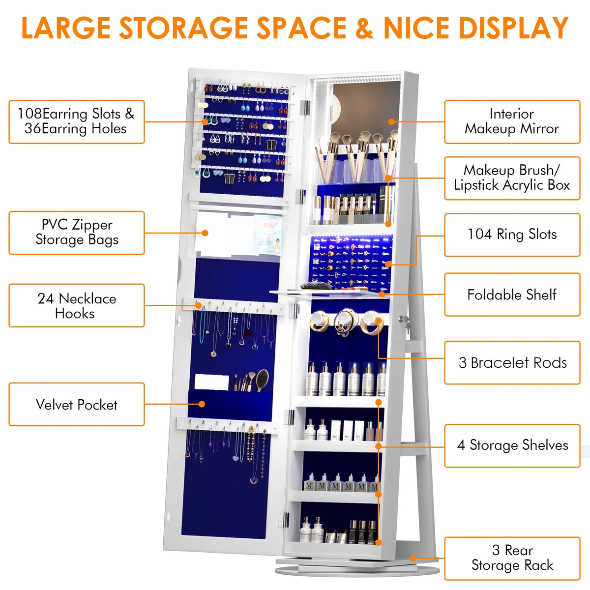 LVSOMT 360 Degree Rotating LED Jewelry Armoire With Full Length Mirror