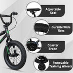 Glerc Kids BMX Style Bicycle 14 Inch Blue With Training Wheels And Coaster Brake