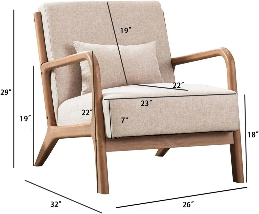 Bonzy Home Mid-Century Modern Fabric Accent Chair With Solid Wood Frame, Beige