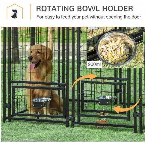 Outdoor Dog Kennel With Rotating Bowl Holders, 5 ft x 5 ft x 5 ft, Black And Red