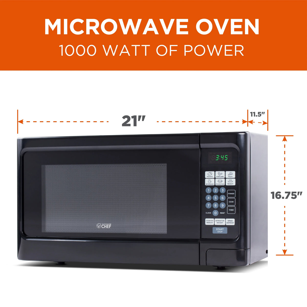 Commercial Chef Countertop Microwave Oven 1.1 Cu. Ft., Black - 1000 Watt