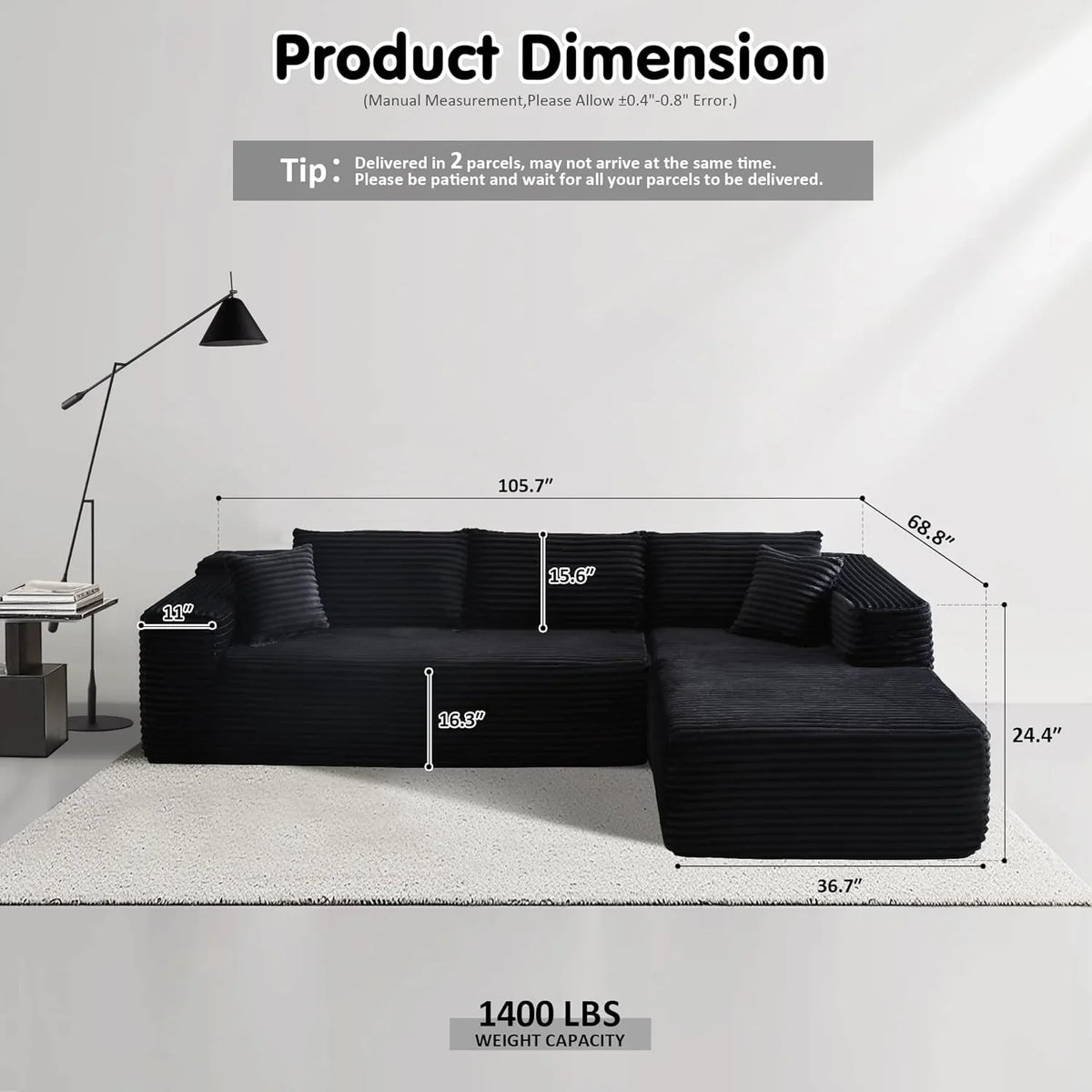 ovios 104in L-Shape Sectional Sofa With Chaise, Grey Plush Corduroy Fabric