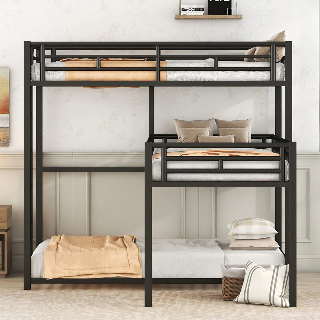 L-Shaped Metal Triple Twin Bunk Bed For 3, Black