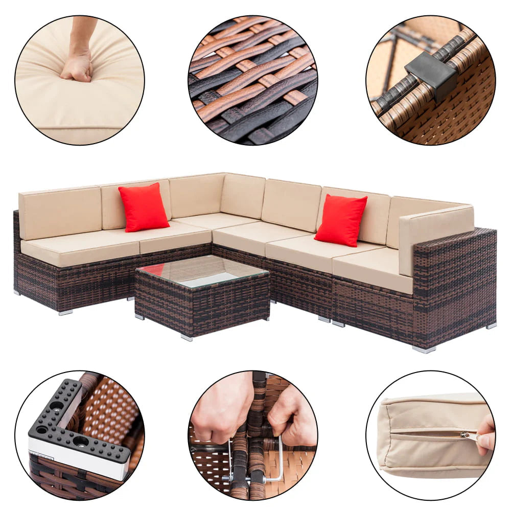 SESSLIFE 7-Piece Wicker Patio Sofa Set With Glass Coffee Table - Brown Rattan Beige Cushions