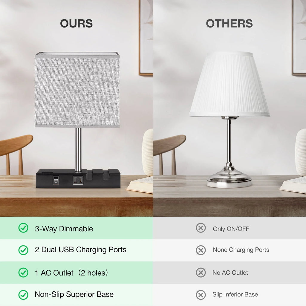 Touch Control Table Lamp With 2 USB Ports, 1 AC Outlet, 2 Phone Stands, Black Wooden Base And Grey Shade