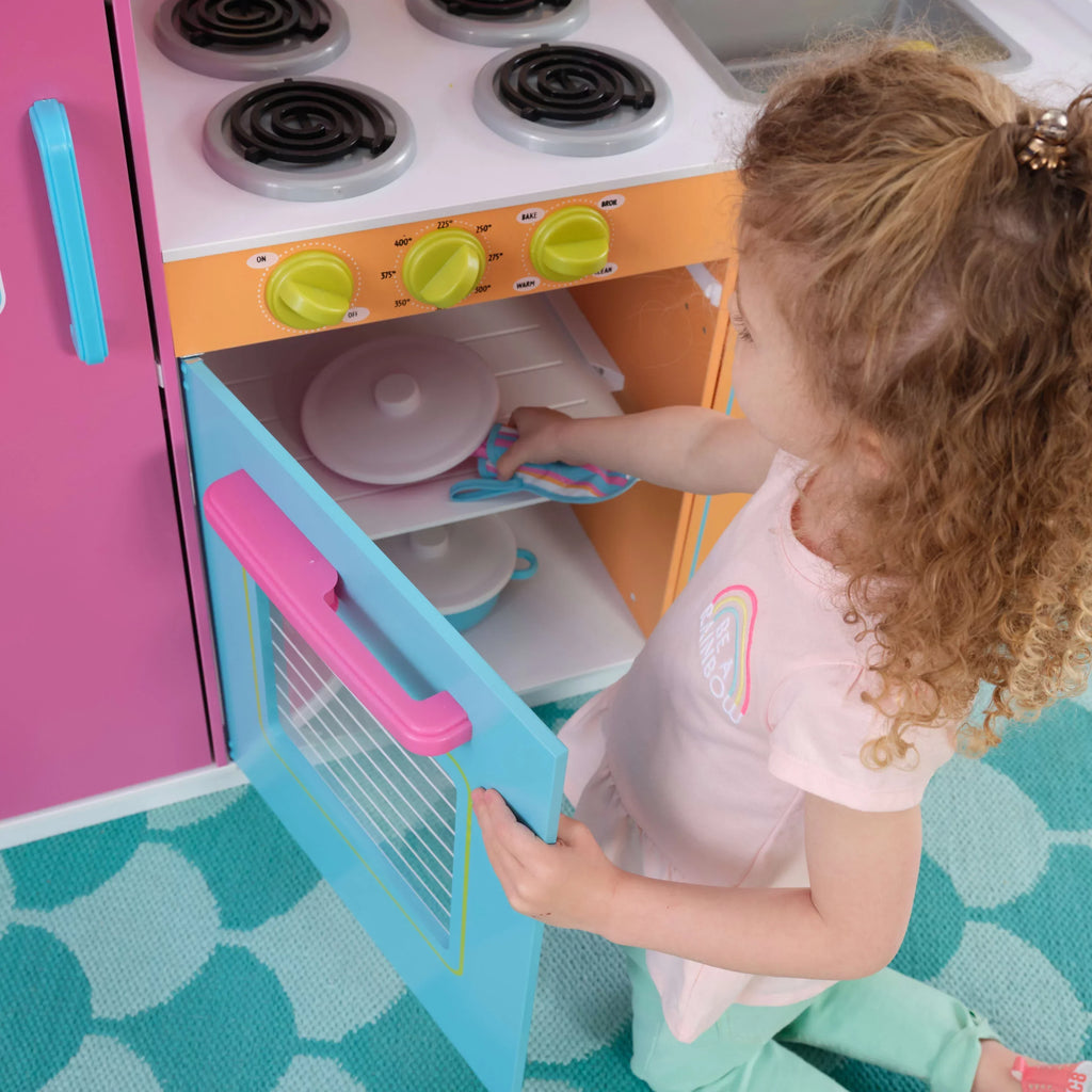 KidKraft Deluxe Big And Bright Wooden Play Kitchen For Kids - Neon Colors