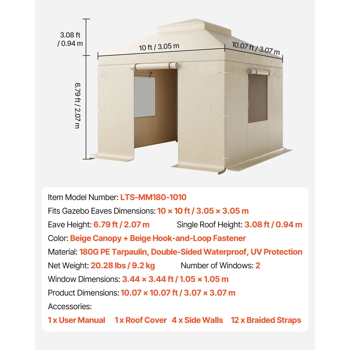 KFFKFF Winter Gazebo Cover for 10 x 10 ft Double-Tiered Gazebos, Beige - LTS-MM180-1010