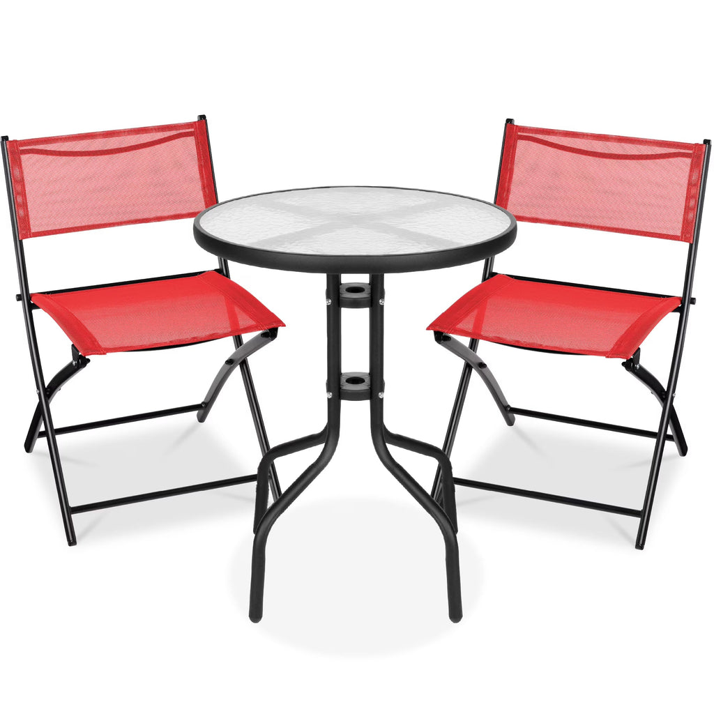Best Choice Products 3-Piece Patio Bistro Dining Set With Glass Tabletop And Folding Chairs - Gray